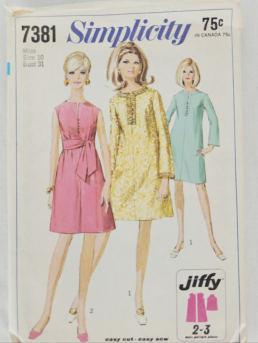 Vintage 1967 Simplicity 7381 Jiffy Mod A-Line Dress Pattern Size 10 Uncut